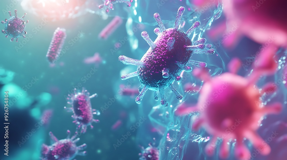 Naklejka premium 3D rendering of viruses, close-up, with blue and pink color scheme.