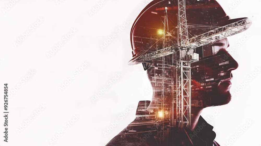 A double exposure image of a man wearing a hard hat with construction imagery overlayed on his head. A double exposure image of a man wearing a hard hat with construction imagery overlayed on his head.