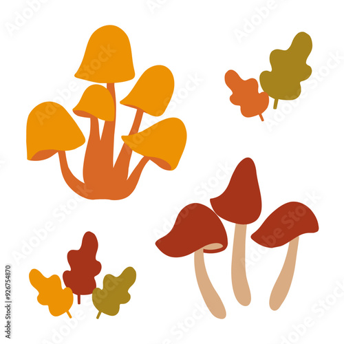 Colorful mushrooms and leaves illustrated in a whimsical style during autumn