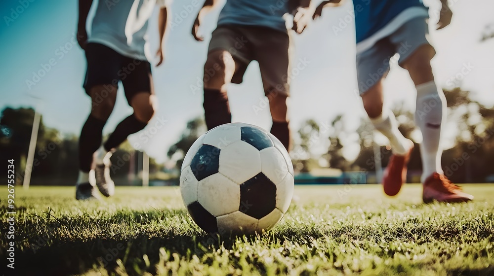 Fototapeta premium Soccer ball in the grass with players in the background.