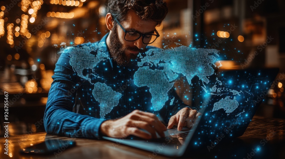 A digital blue hologram world map floating above the laptop of a focused businessman working late at night in a dimly lit office space. A digital blue hologram world map floating above the laptop of a focused businessman working late at night in a dimly lit office space.