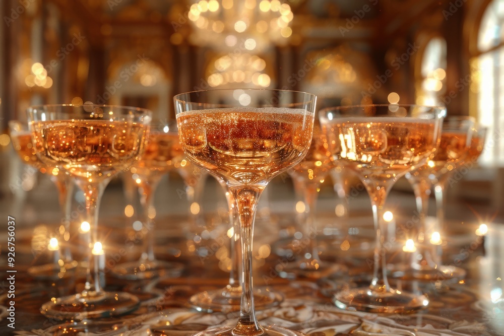The title should capture the exquisite champagne glasses filled with sparkling wine, reflecting the luxurious ambiance of a grand ballroom with elegant chandeliers.Opulent The title should capture the exquisite champagne glasses filled with sparkling wine, reflecting the luxurious ambiance of a grand ballroom with elegant chandeliers.Opulent