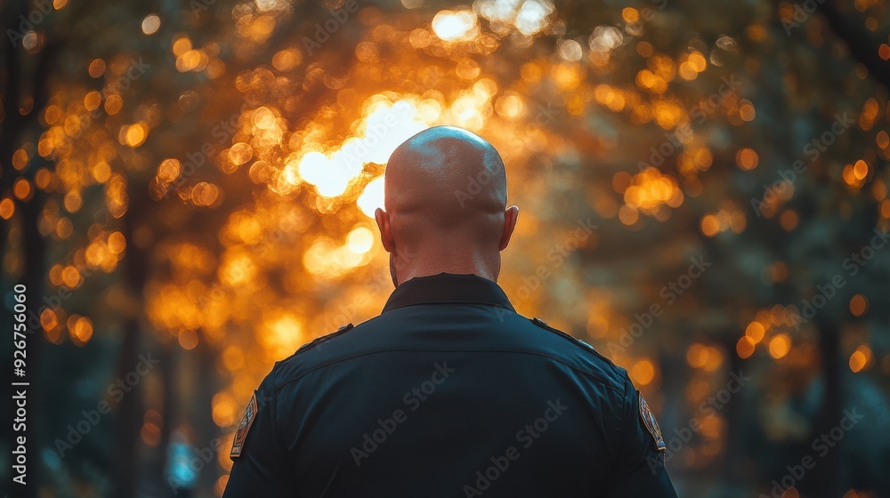 Rearview of bald security guard standing in park at sunset, with golden sunlight filtering through trees, creating a sense of calm and protection. Rearview of bald security guard standing in park at sunset, with golden sunlight filtering through trees, creating a sense of calm and protection.