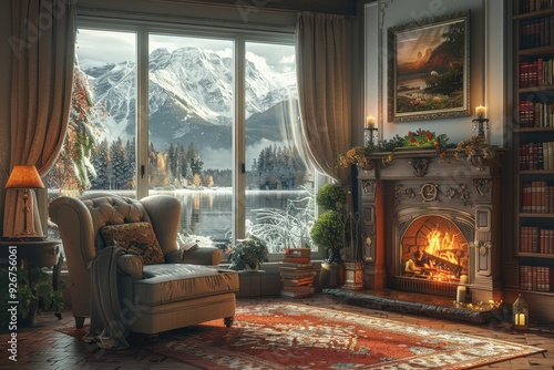 Cozy Living Room with Fireplace and Armchair, Overlooking Snow-Covered Mountain Landscape through Large Windows During WinterCozy photo