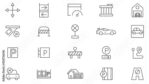 Parking line icon collection. Garage, paid parking, lift, automobile and car parking icon set. UI outline icons pack