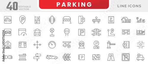 Parking line icon collection. Garage, paid parking, lift, automobile and car parking icon set. UI outline icons pack