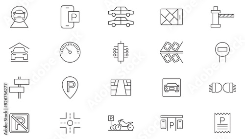 Parking line icon collection. Garage, paid parking, lift, automobile and car parking icon set. UI outline icons pack