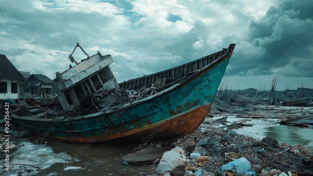 fishing boat run a ground and ruin of houses on severe damage area from storm or tsunami fishing boat run a ground and ruin of houses on severe damage area from storm or tsunami