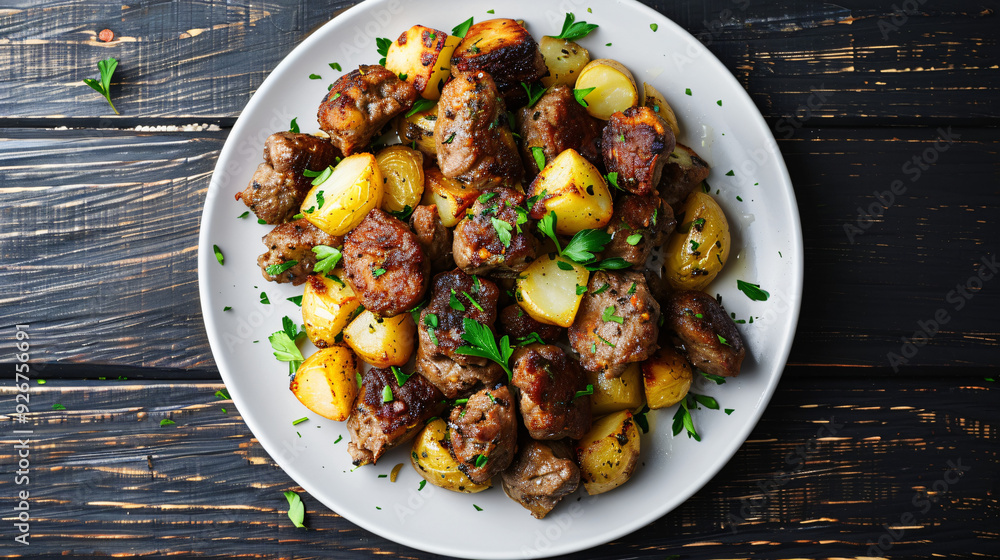 Savory sausage and seasoned potatoes presented on a white plate against a dark wooden backdrop Savory sausage and seasoned potatoes presented on a white plate against a dark wooden backdrop