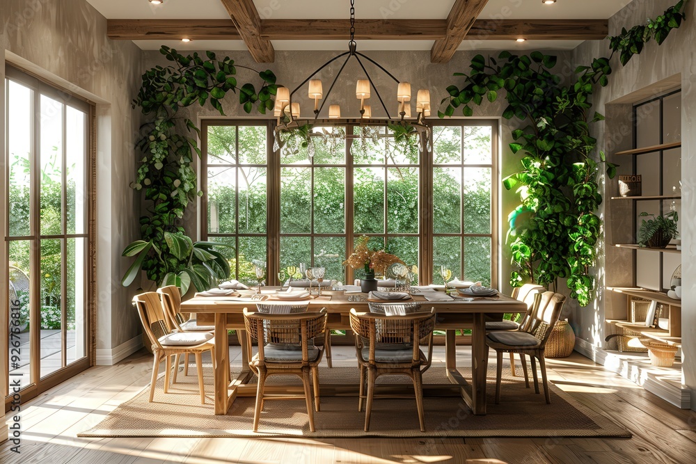 Fototapeta premium Stunning bright and airy dining room with large windows, lush garden views, wooden furniture, plants, chandelier, and natural sunlightBright