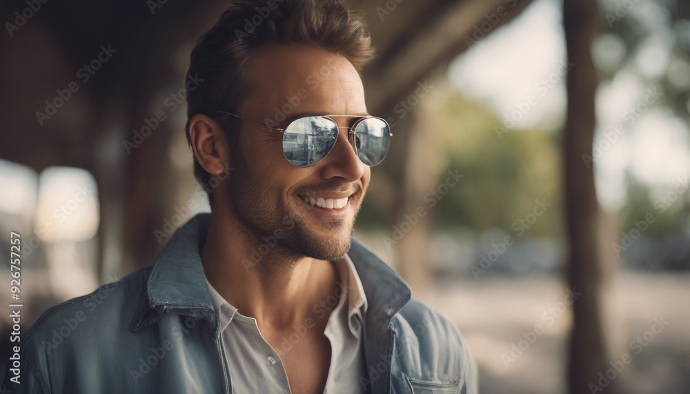 A close-up of a charming man with a slight five o'clock shadow, wearing reflective aviators A close-up of a charming man with a slight five o'clock shadow, wearing reflective aviators