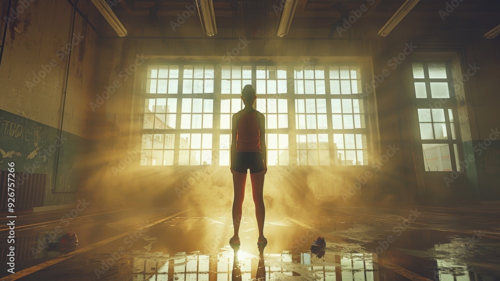 The silhouette of a woman standing in an abandoned building with large windows and dramatic sunlight pouring in, creating a mysterious atmospheric glow.silhouette The silhouette of a woman standing in an abandoned building with large windows and dramatic sunlight pouring in, creating a mysterious atmospheric glow.silhouette