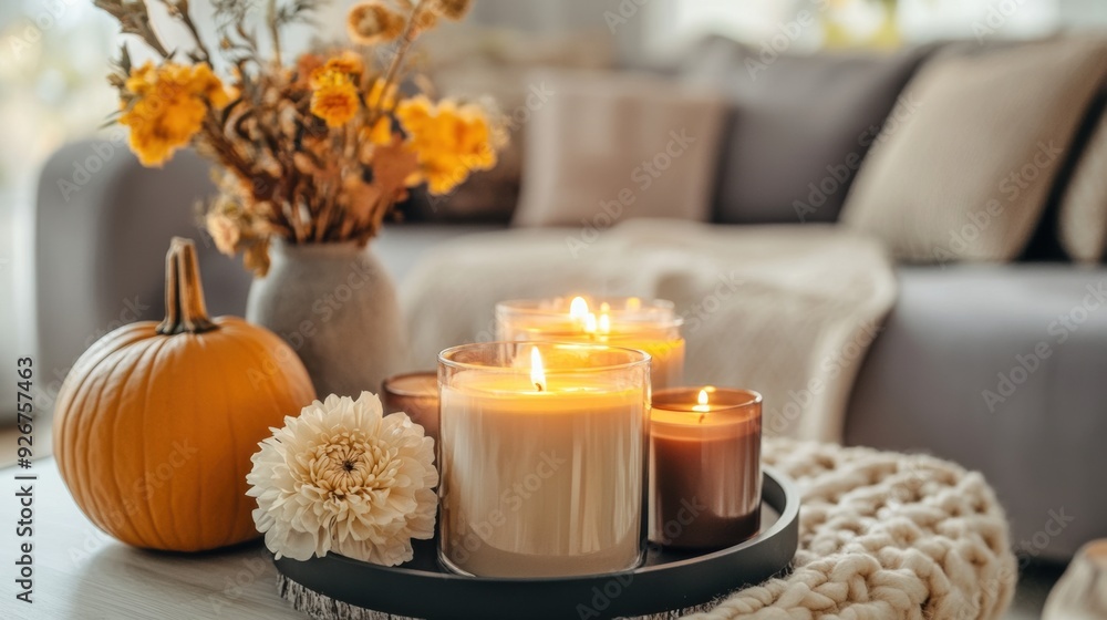 A table with candles and flowers on it in a room, AI A table with candles and flowers on it in a room, AI