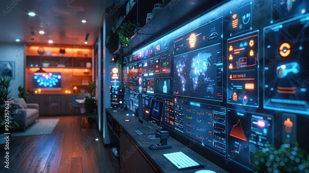 Futuristic Control Room with Multiple Digital Screens and Advanced Analytics in Modern Office Environment at Nighttechnology Futuristic Control Room with Multiple Digital Screens and Advanced Analytics in Modern Office Environment at Nighttechnology