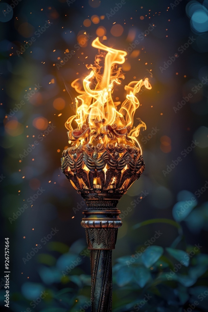 The image features an intricately designed torch with vivid orange flames against a blurred background of dark greenery and bokeh lights.torch The image features an intricately designed torch with vivid orange flames against a blurred background of dark greenery and bokeh lights.torch
