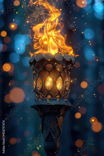 Vintage decorative torch with intricate metal design and vibrant flames glowing brightly against a bokeh forest background at duskFire photo