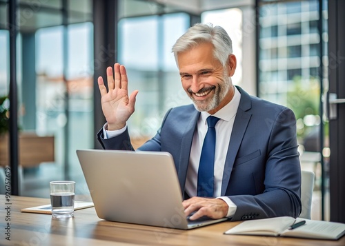 Happy mature businessman waving during video call over laptop at corporate office.