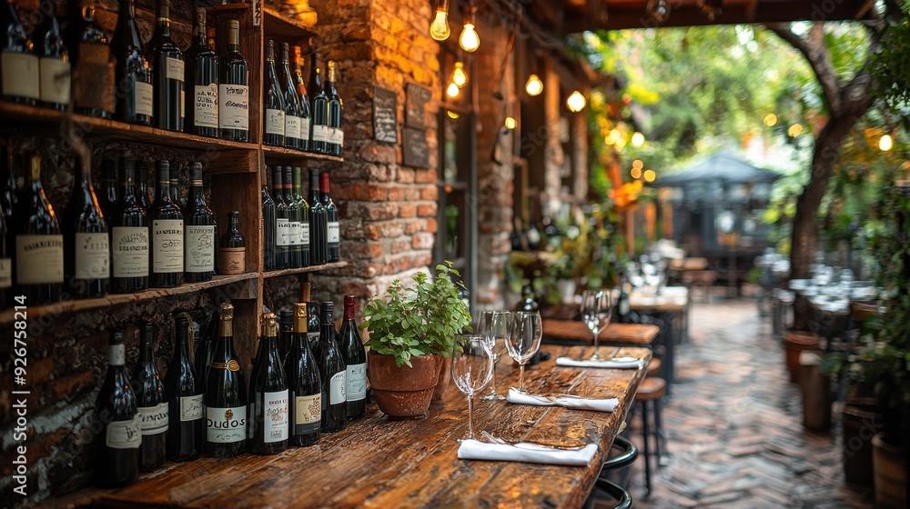 A row of wine bottles on a counter in an upscale restaurant, highlighting quality and uniqueness. A row of wine bottles on a counter in an upscale restaurant, highlighting quality and uniqueness.