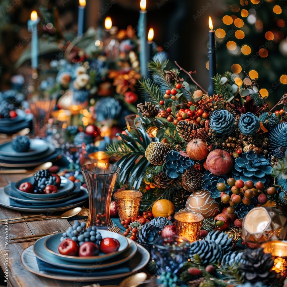 Elegant Holiday Dinner Table Setting with Festive Floral Centerpiece, Pine Cones, Candles and Dark Blue Tableware on Wooden TableHoliday dinner Elegant Holiday Dinner Table Setting with Festive Floral Centerpiece, Pine Cones, Candles and Dark Blue Tableware on Wooden TableHoliday dinner