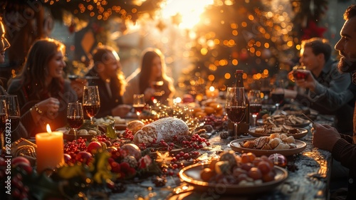 Festive Christmas Dinner Party Outdoors with Friends and Family Celebrating with Food, Drinks, and Decorative Lights at Sunset Christmas