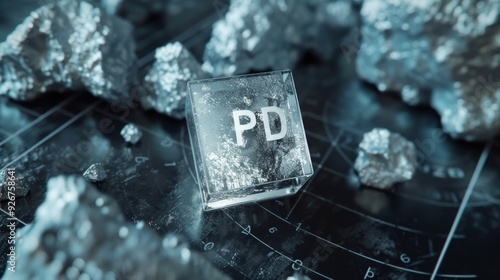 Palladium Element Display, showcasing the palladium symbol pd 46 prominently against a detailed periodic table backdrop, highlighting its significance in chemistry and materials science. photo