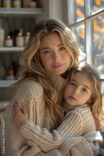 Beautiful Tender Moment Between Mother and Daughter in Cozy Knit Sweaters by Sunlit Window in Warm, Softly Lit Home InteriorMother