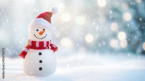 A snowman wearing a red and white scarf sitting on top of some snowy ground, AI