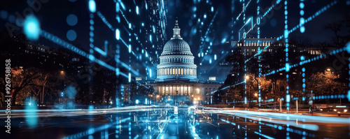 The US Capitol is depicted with dynamic blue and red streaks, representing the merging of technology with the political landscape. photo