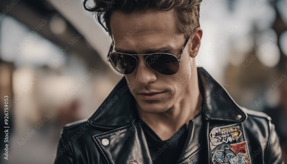 Fototapeta premium A musicians torso in a black leather jacket, zipped halfway, with dark, aviator sunglasses