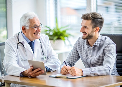 Male doctor communicating with senior patient during medical consultations at his office.