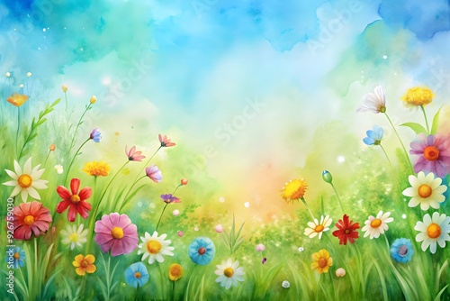 Sunny spring floral meadow with different wild flowers in green grass 