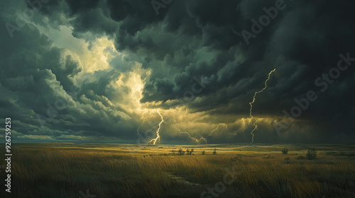 Wallpaper Mural A dramatic thunderstorm over the Great Plains, with lightning striking in multiple places and dark clouds gathering above. The scene captures the intense weather conditions, showcasing the natural cha Torontodigital.ca