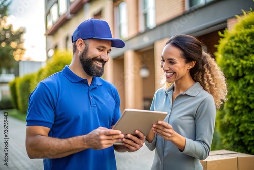 Happy deliverer talking with his coworker while using digital tablet outdoors.