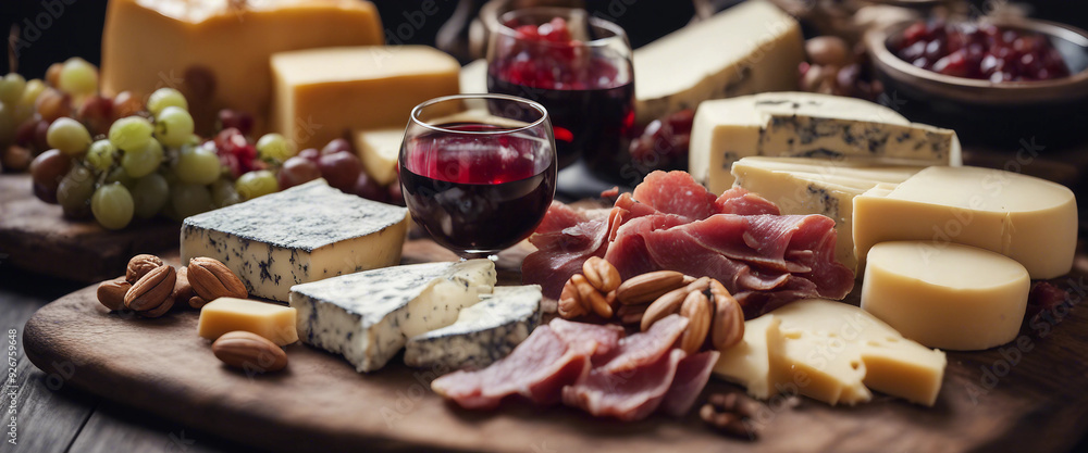 A rustic wooden board piled high with an assortment of cheeses, cured meats, nuts, and fresh fruit A rustic wooden board piled high with an assortment of cheeses, cured meats, nuts, and fresh fruit