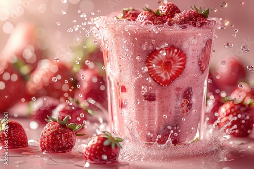 Refreshing strawberry smoothie with fresh strawberries and splash of water in glass, surrounded by whole strawberries on light pink backgroundstrawberry photo