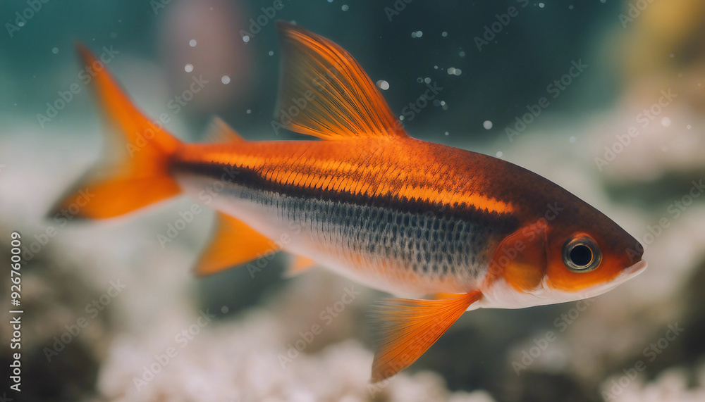 A small, schooling fish with a vibrant orange body and a distinctive black triangle on its side A small, schooling fish with a vibrant orange body and a distinctive black triangle on its side