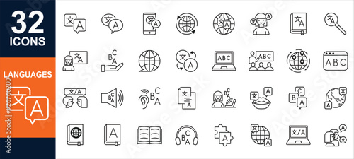 Language flat 32 icons set. Speaking, translate, speak, communication, speech, grammar, dialect icons and more signs. Flat icon collection.