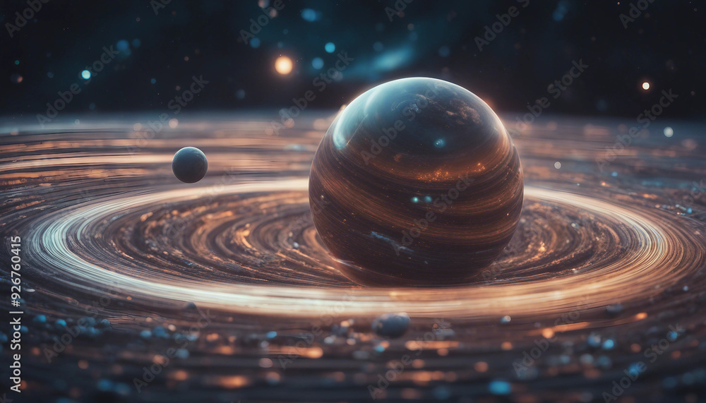 A surreal alien planet surrounded by countless floating rings, each made of shimmering stardust A surreal alien planet surrounded by countless floating rings, each made of shimmering stardust