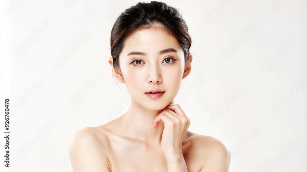 Thoughtful Asian woman with hand near chin on white background with copy space Thoughtful Asian woman with hand near chin on white background with copy space