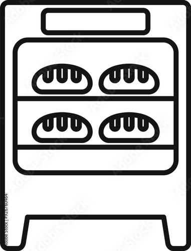 Line drawing of a professional oven baking bread on shelves, perfect for representing the baking industry