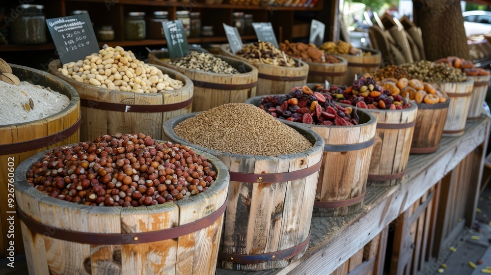 Fototapeta premium Natural market booth with assorted nuts, seeds, and dried fruits in wooden bins realistic image