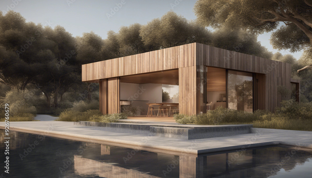 A sustainable, solar-powered house with a slatted wooden facade that provides shade and privacy A sustainable, solar-powered house with a slatted wooden facade that provides shade and privacy
