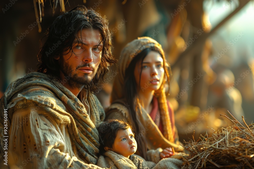 Portrait of a Historical Family in Ancient Setting with Cultural Attire, Expressive Faces, and Soft Natural Light in a Rustic SceneFamily Portrait of a Historical Family in Ancient Setting with Cultural Attire, Expressive Faces, and Soft Natural Light in a Rustic SceneFamily