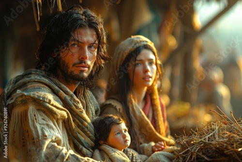 Portrait of a Historical Family in Ancient Setting with Cultural Attire, Expressive Faces, and Soft Natural Light in a Rustic SceneFamily