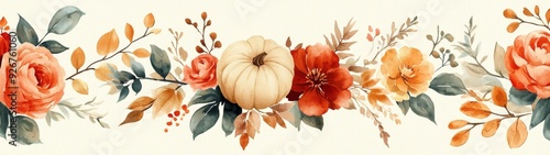 Autumn Whimsy Floral Pumpkin Design, featuring a light beige backdrop adorned with charming fall leaves and flowers, embodying a vibrant pastel palette in a vintage fawncore style. photo