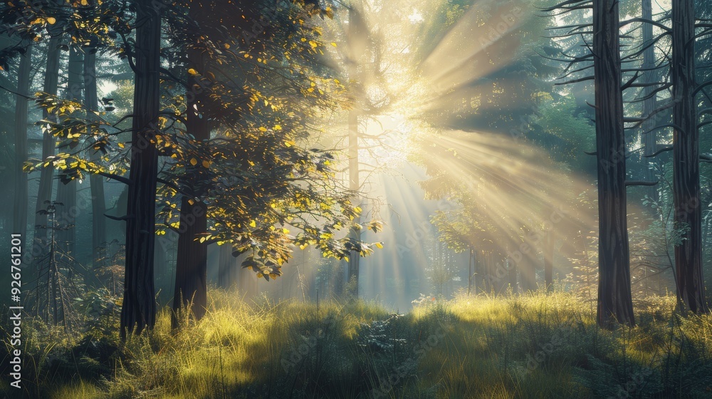 Obraz premium Tranquil spring forest bathed in sunlight, realistic nature photography capturing serene beauty