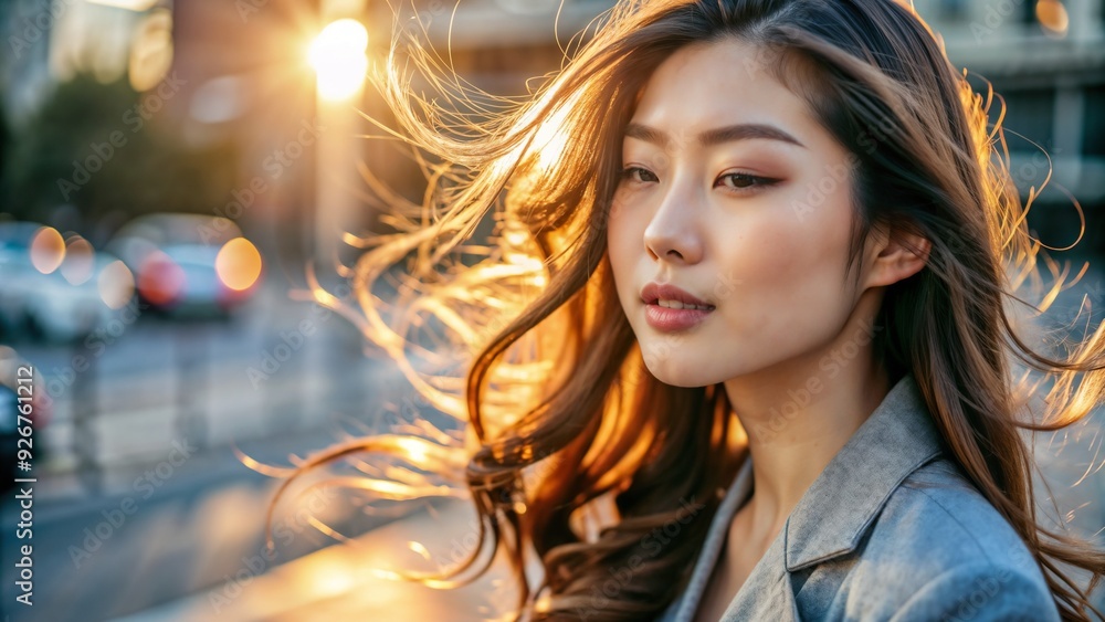Asian woman with flowing hair in the golden hour light on a city street Asian woman with flowing hair in the golden hour light on a city street