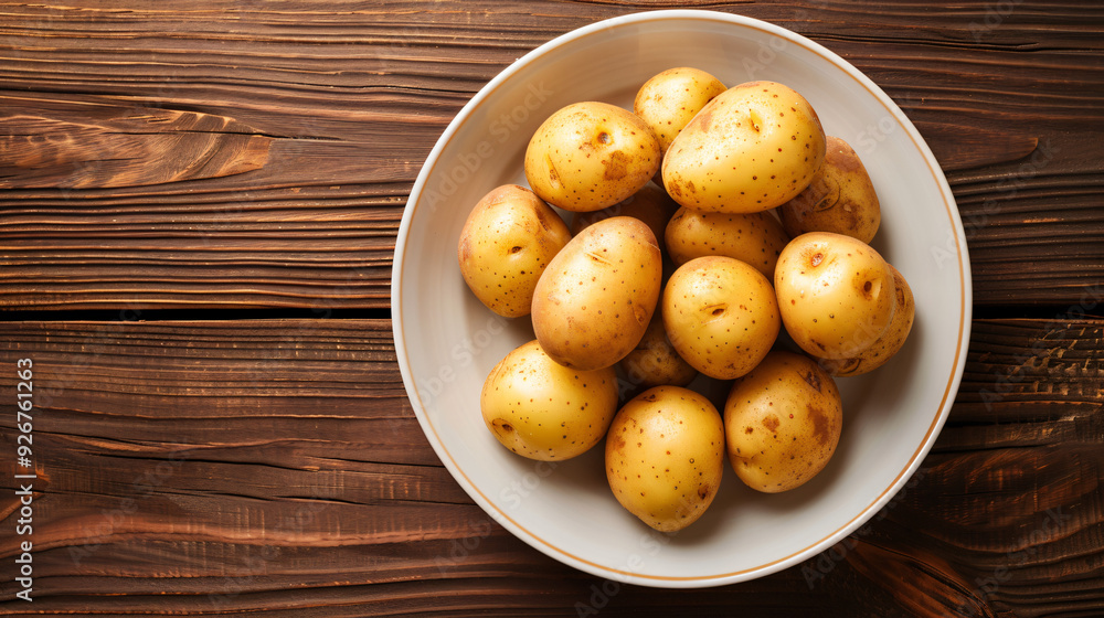 Fresh potatoes on wooden table, perfect for healthy, organic designs. Top view with copy space for food, vegetarian, farm themes Fresh potatoes on wooden table, perfect for healthy, organic designs. Top view with copy space for food, vegetarian, farm themes