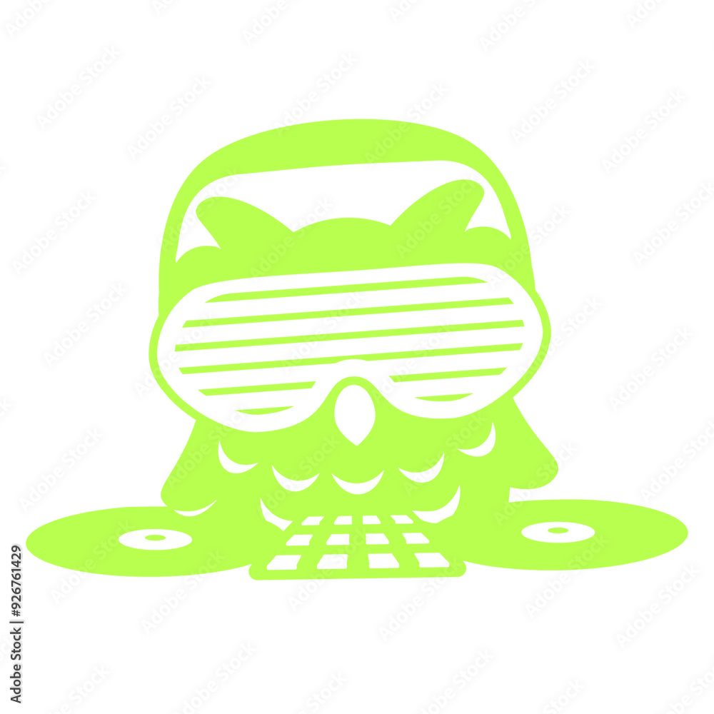 Fototapeta premium Owl Night Bird Animal Mixing Console Mixer Music Party DJ Clubbers Raver comic humor cartoon Sunglasses Headphone cool techno dance fun electro sounds lovers like disco rave club festival concert
