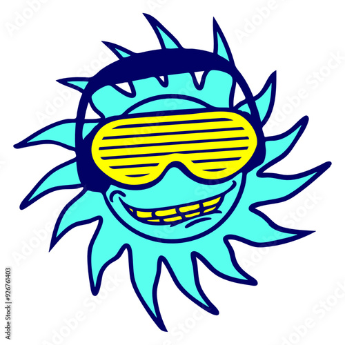 Happy Colorful Summer Sun Face Grinning Music Party DJ Night Clubbers Raver comic humor cartoon Sunglasses Headphone cool techno dance fun electro sounds lovers like disco rave club festival concert	